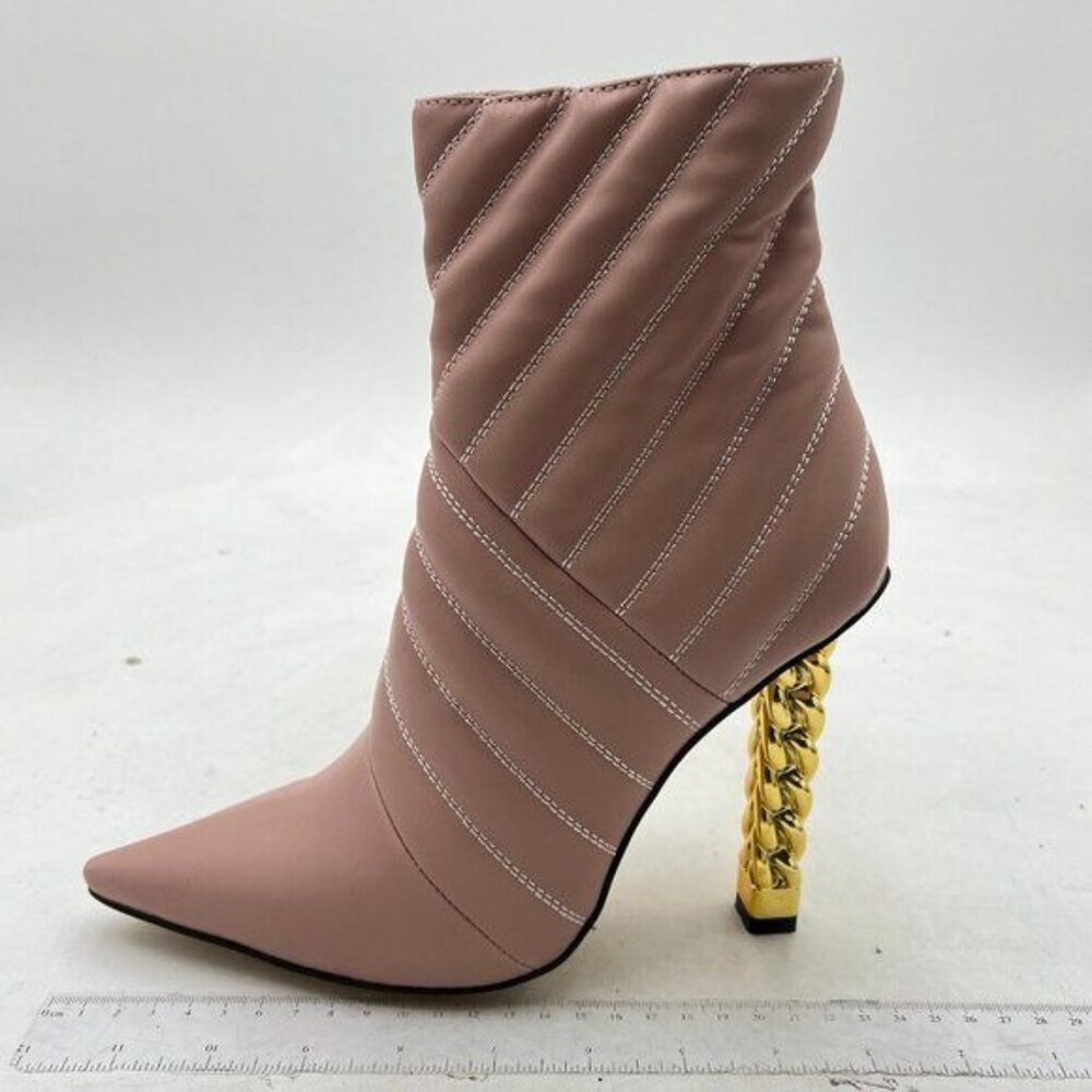 FSJ Nude Women Trendy Pointed Toe Ankle Boot Block Chunky High Heel Bootie Party